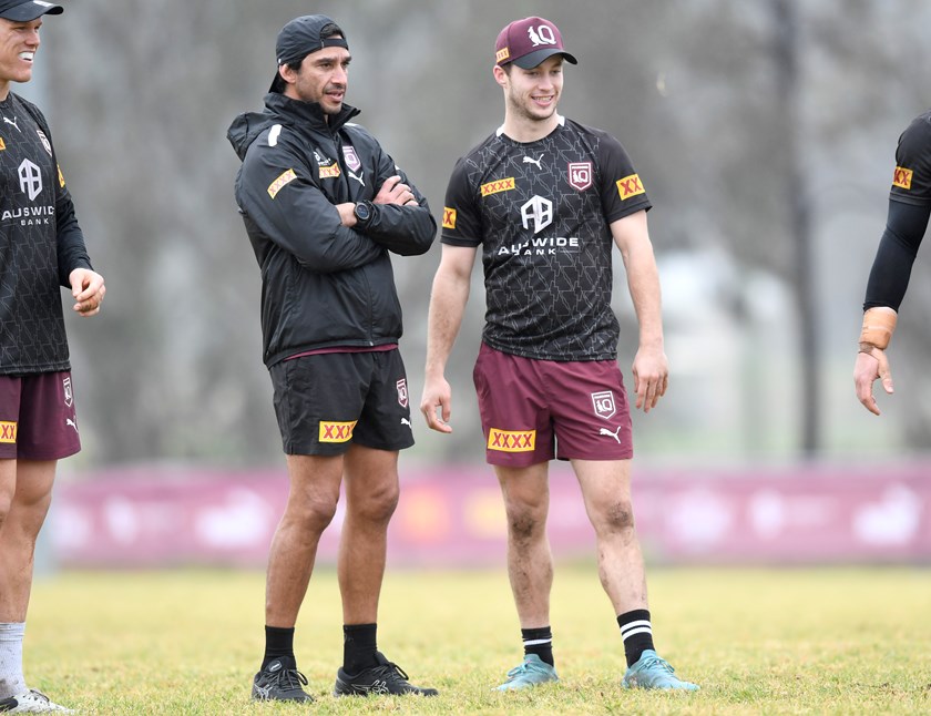 Next in Line: Walker says he's been enjoying the mentorship of legendary half Johnathan Thurston (left) as well as the company of Roosters teammate Lindsay Collins (far left).