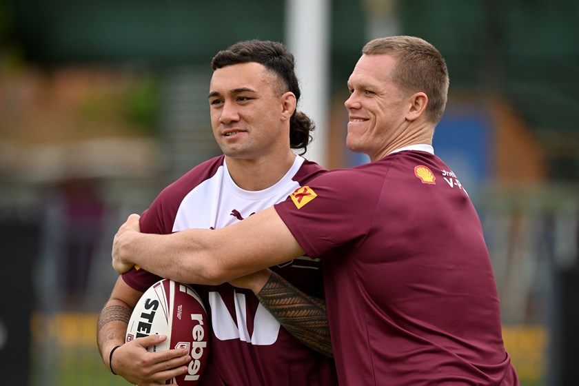 Jaydn Su'A and Lindsay Collins reunited in Origin camp. Both made their Queensland debuts in the 2020 series.