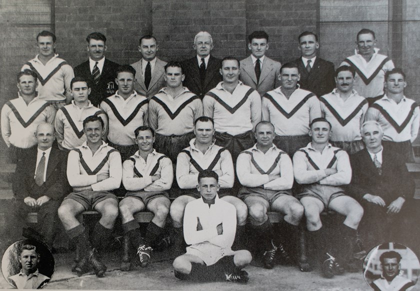 Back Row: Keith Dallwitz (Reserve), Sam Bryant (Selector), Roy Paillas (Selector), Hon. Maurice O’Sullivan (Club Patron), Les Steel (Selector), Jack Lynch (Club Secretary), Ray Pratt
Middle Row: Ken Foster, Sel Lisle, Lionel Cooper, Wally Rees (Reserve), Jack Arnold, Bert Rollason, Paul Tierney, Johnny Smith (Injured)
Front Row: Wally Webb (Club President), Rod Chapman (Reserve), Wally O’Connell (Vice Captain), Ray Stehr (Captain), Dick Dunn, Sid Hobson, Harold Kelley (Club Treasurer)
Absent: Johnny Hunter, George Watt
