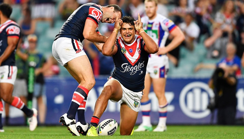 Latrell Mitchell celebrates post Try in 2017 at Allianz Stadium