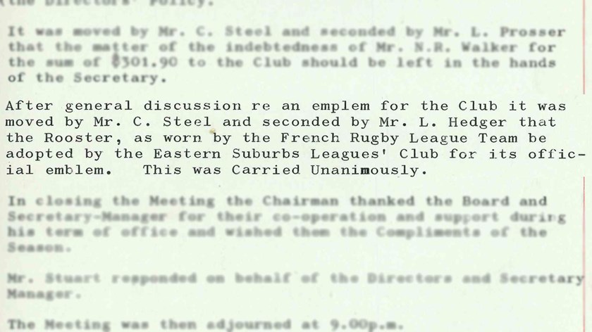 In Writing: This 'Minutes of Board Meetings of Eastern Suburbs Leagues Club' excerpt from November 20, 1966, states the Club's decision to adopt the Rooster as the official logo.
