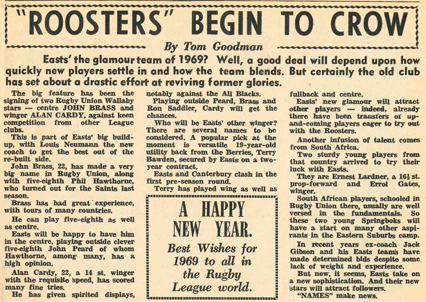 First Time For Everything: Tom Goodman's "ROOSTERS" BEGIN TO CROW article in The Rugby League News was the first known instance where the Club was referred to as the Roosters in the media.
